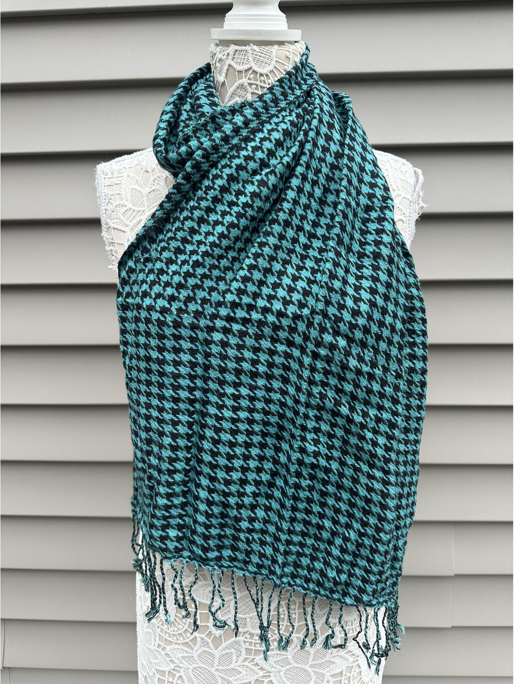 Blue and Black Houndstooth Scarf Wrap Classic Lightweight Boho Fringe